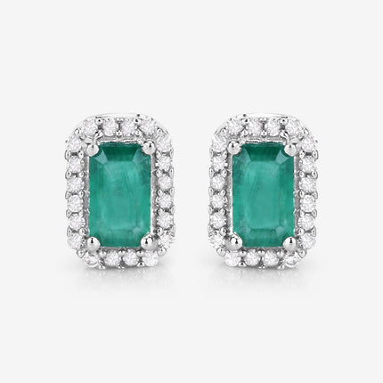 0.91 Carat Genuine Zambian Emerald and White Diamond 14K White Gold Earrings