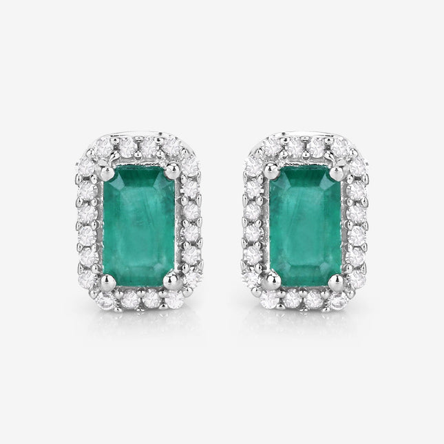 0.91 Carat Genuine Zambian Emerald and White Diamond 14K White Gold Earrings