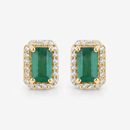 0.91 Carat Genuine Zambian Emerald and White Diamond 14K Yellow Gold Earrings