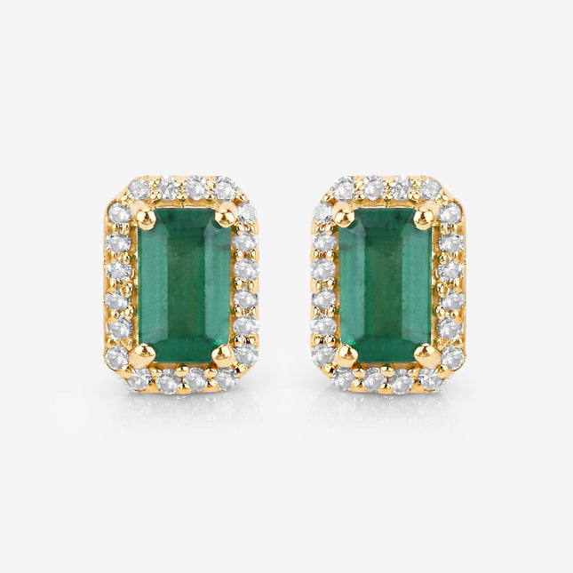 0.91 Carat Genuine Zambian Emerald and White Diamond 14K Yellow Gold Earrings