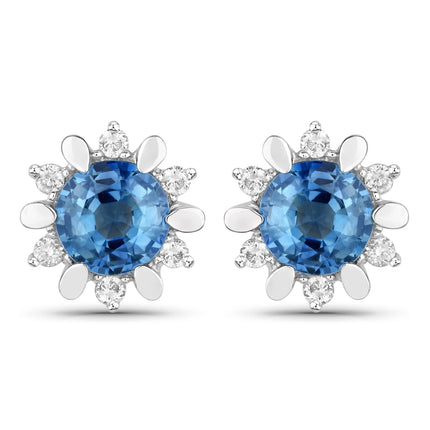 1.87 Carat Genuine Blue Sapphire and White Diamond 14K White Gold Earrings