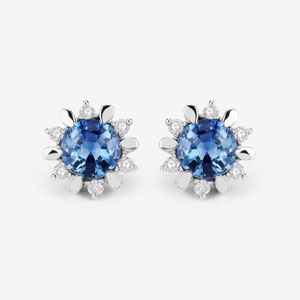 1.87 Carat Genuine Blue Sapphire and White Diamond 14K White Gold Earrings