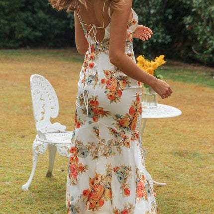 Printed Sling Back Tie Hem Slit Long Dress