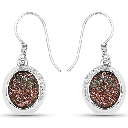 4.72 Carat Genuine Copper Bloom Drusy and White Topaz .925 Sterling Silver Earrings