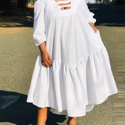 Round Neck White Large Swing Solid Color Plus Size Dress