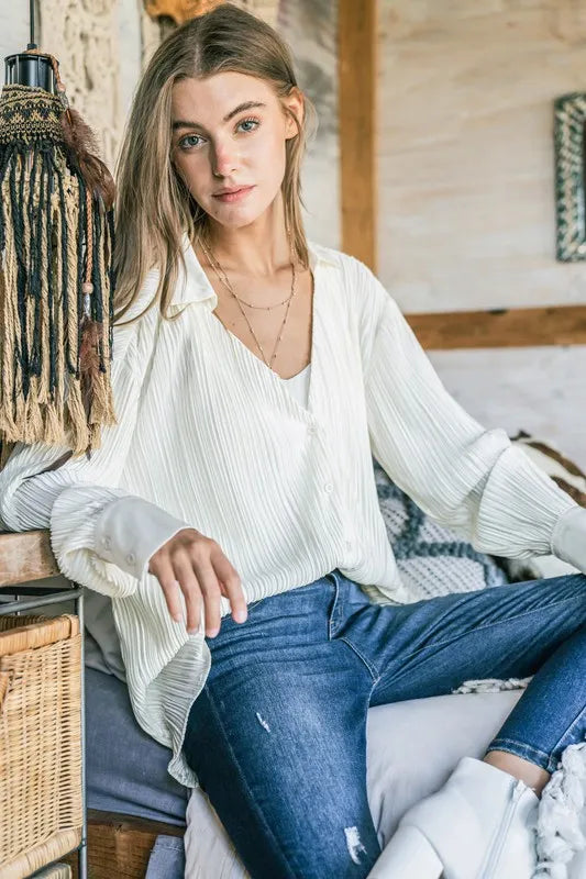 And The Why V Neck Pleated Long Sleeves Shirt