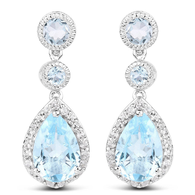 9.46 Carat Genuine Blue Topaz and White Topaz .925 Sterling Silver Earrings