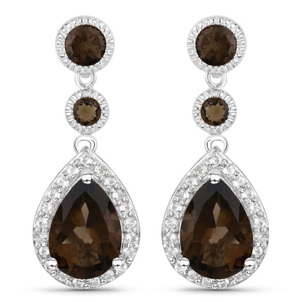 7.34 Carat Genuine Smoky Quartz and White Topaz .925 Sterling Silver Earrings