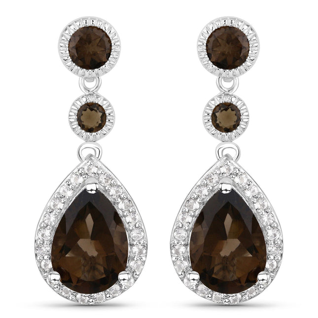 7.34 Carat Genuine Smoky Quartz and White Topaz .925 Sterling Silver Earrings