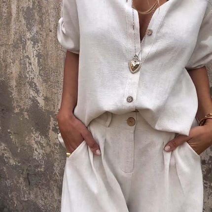 Spring And Summer New Cotton And Linen Short-sleeved Shorts Casual Suit Women