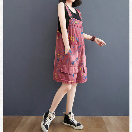 Retro Fashion Print Loose Denim Strap Shorts For Women