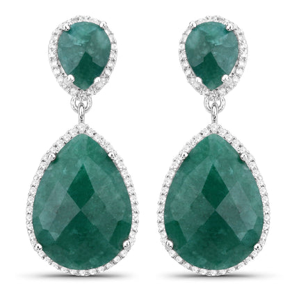 19.42 Carat Dyed Emerald and White Topaz .925 Sterling Silver Earrings