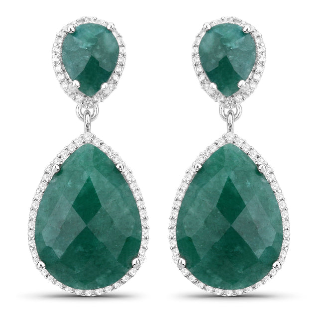19.42 Carat Dyed Emerald and White Topaz .925 Sterling Silver Earrings