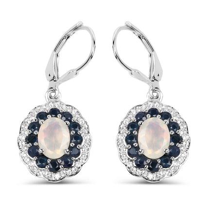 2.80 Carat Genuine Ethiopian Opal, Blue Sapphire and White Topaz .925 Sterling Silver Earrings