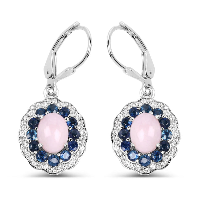 4.00 Carat Genuine Opal Pink, Blue Sapphire and White Topaz .925 Sterling Silver Earrings