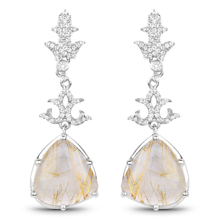 15.97 Carat Genuine Golden Rutile And White Topaz .925 Sterling Silver Earrings
