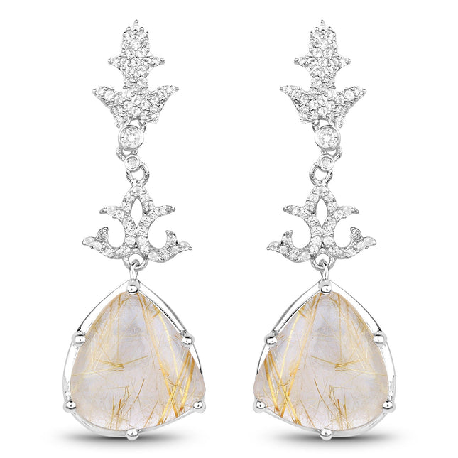 15.97 Carat Genuine Golden Rutile And White Topaz .925 Sterling Silver Earrings