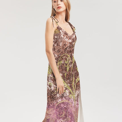 BEAUTIFUL PURPLE GITTER DESIGN CREATED BY FLIPSTYLEZ Women's All-Over Print Tie Strap Split Dress