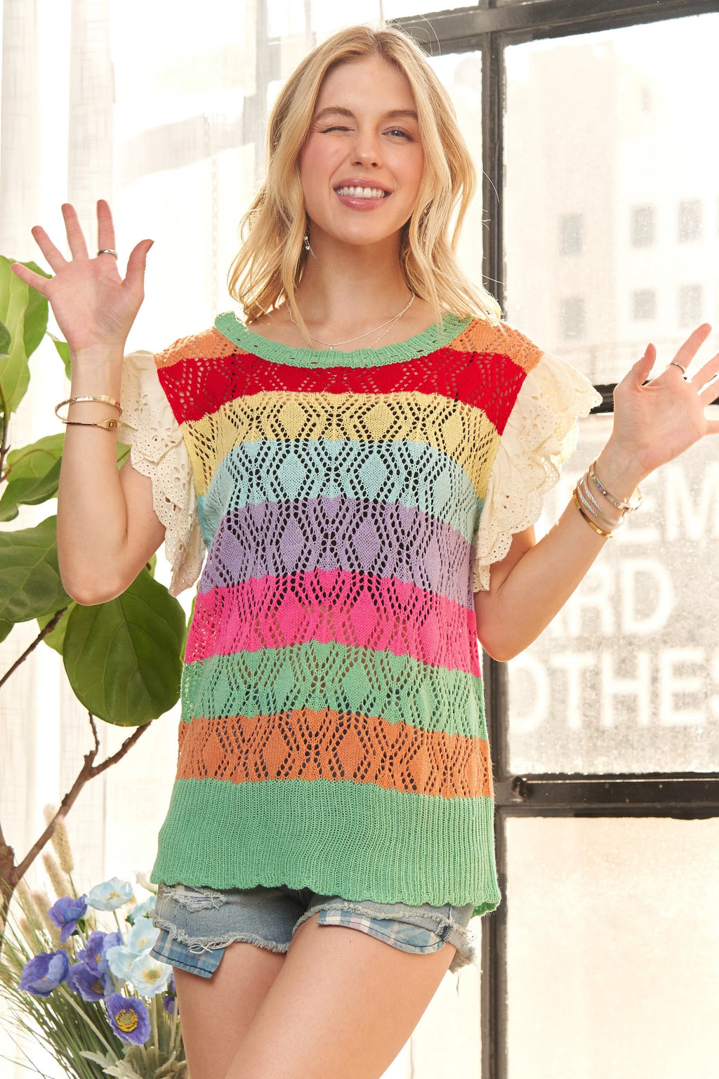 ADORA Eyelet Sleeve Multi Color Crochet Top