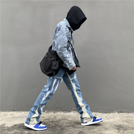 Washed Splash-ink Stitching Jeans Men's Personalized Straight Pants