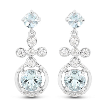 4.42 Carat Genuine Aquamarine and White Zircon .925 Sterling Silver Earrings