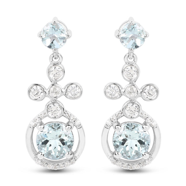 4.42 Carat Genuine Aquamarine and White Zircon .925 Sterling Silver Earrings