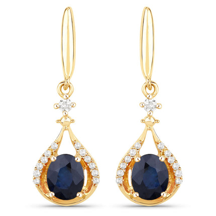 0.86 Carat Genuine Blue Sapphire and White Diamond 14K Yellow Gold Earrings