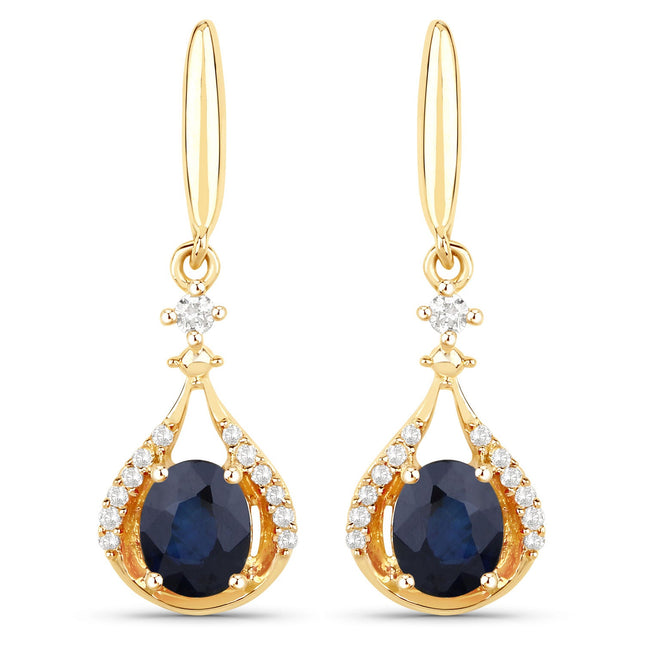 0.86 Carat Genuine Blue Sapphire and White Diamond 14K Yellow Gold Earrings