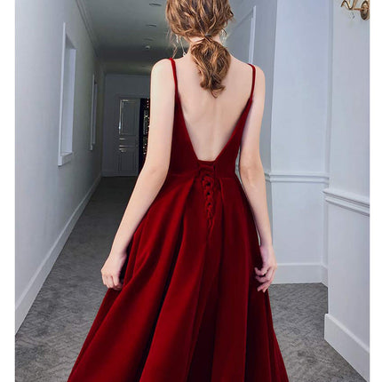 Red Suspender Dress Temperament Backless Wedding Toast Clothes