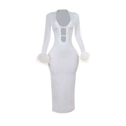 New sexy White Autumn U bust line Hollow Feather sleeves Long Dress for women