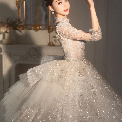 Long Sleeved Retro Bride Luxurious French Wedding Dress For Women