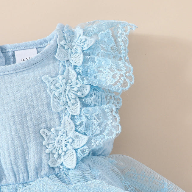 2024 Summer Baby Girl Sweet Sleeveless Lace Triangle Rompers Mesh Lace Flower Dress