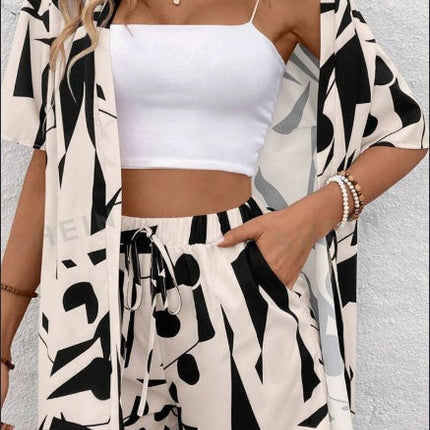 EMERY ROSE Color Blocking Geometric Printed Button Up Short Sleeve Top And Shorts Set For Summer Casual Vacation