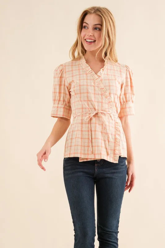 And The Why Plaid Patterned and Ruffled Wrap Blouse Top