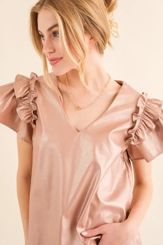 And The Why Faux Leather Ruffle Sleeves V Neck Top