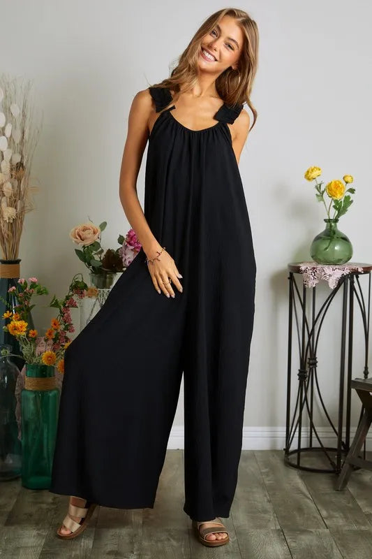 ADORA Full Size Elastic Ruffle Shoulder Jumpsuit Plus Size