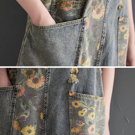 Women's Retro Nostalgic Print Ripped Denim Overalls