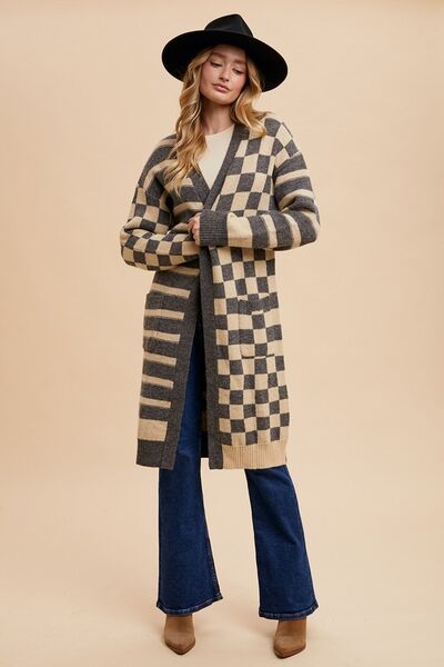 Annie Wear Checkered & Striped Open Front Long Sleeve Cardigan #2