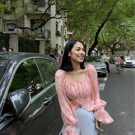 Women's Plus Size Flared Sleeve Off Shoulder Pleated Chiffon Shirt