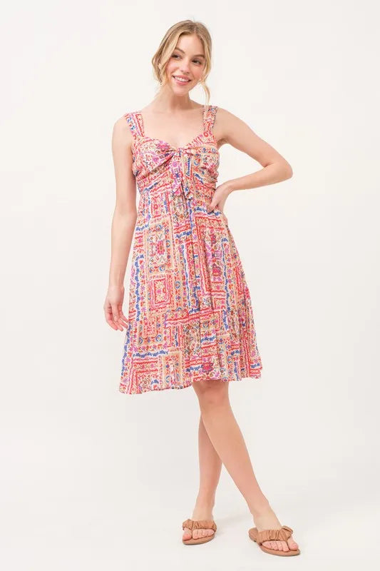 And The Why Tied Front Smocked Back Tiered Boho Printed Dress
