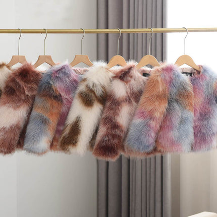 Girls' Woven Paint Contrast Fur Coat
