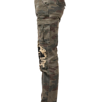 Camouflage Jeans Washed And Ripped Cat's Whiskers And Leather