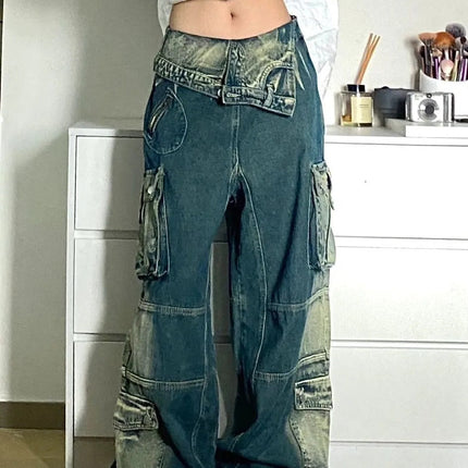 Plus Size Retro Washed Cargo Jeans Women