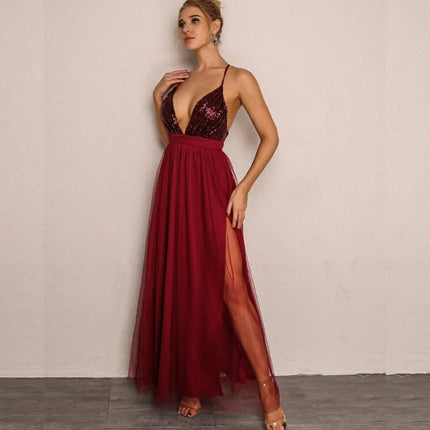 Joyfunear Cross Back Plunge Sequin Top Tulle Dress