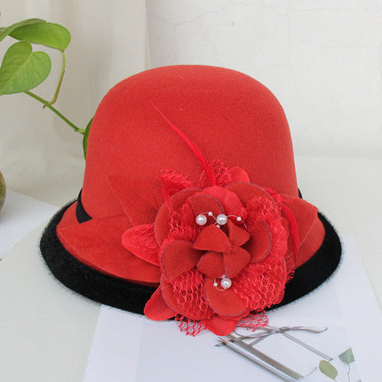 Black Brim Woolen British Feather Flower Top Hat
