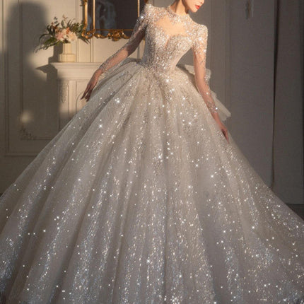 Long Sleeved Retro Bride Luxurious French Wedding Dress For Women