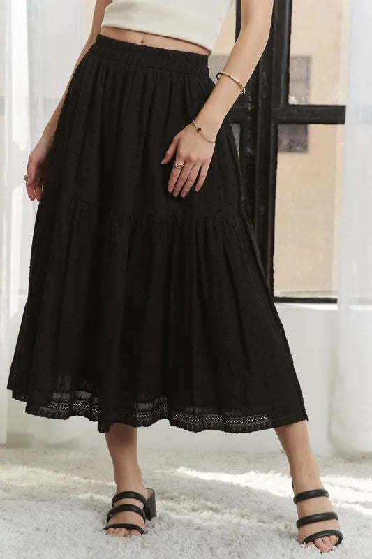 ADORA Elastic Waistband Tiered Midi Skirt