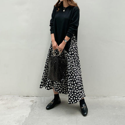 Plus Size Women's Long-sleeved T-shirt Stitching Print Big Swing Dress