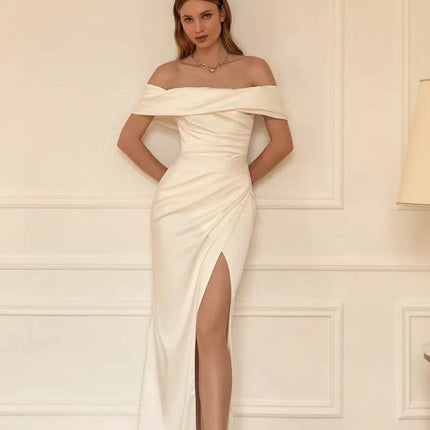 One-shoulder White Simple Slim Wedding Dress Lyiq