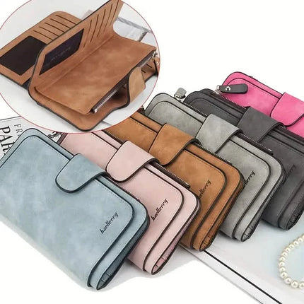 Vintage Faux Leather Long Wallet – Trifold Credit Card Holder with Snap & Zipper